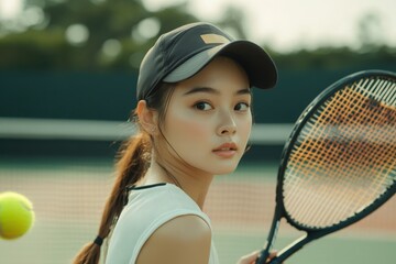 A group of Asian players engages in an exciting tennis match on a sunny court, showcasing their skills and sportsmanship amidst a vibrant and energetic setting.