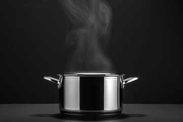 Steaming stainless steel pot with rising vapor isolated on a dark gradient background creating a dramatic culinary atmosphere