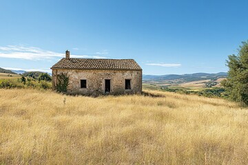 Obraz premium Rural abandoned buildings scattered across countryside landscapes, left untouched for decades