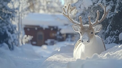 A serene reindeer resting in a snowy landscape near a cabin.