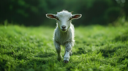 White Goat Kid Standing in Green Grass Realistic Image