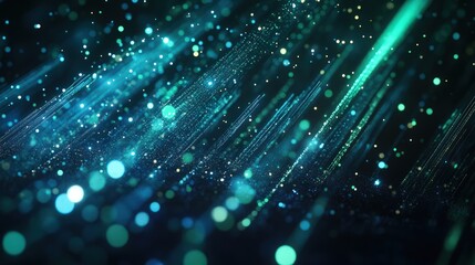 Obraz premium Data flow visualized as vibrant beams of light, shooting through a dark space filled with glowing blue and green particles, representing advanced business technology and innovation.