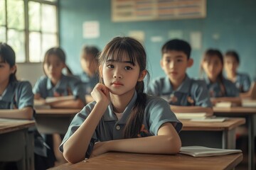 Fototapeta premium In a classroom setting, diverse young Asian students focus on their lessons while seated at desks. They appear attentive and eager to learn, with notebooks and pens in front of them.