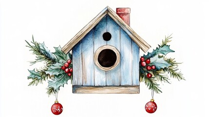 Una casetta per un uccellino, decorata per Natale con piccoli ornamenti e agrifoglio. Su sfondo bianco trasparente