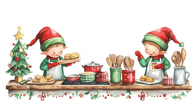 Elfi che cucinano dolci in una cucina addobbata per Natale. Su sfondo bianco trasparente