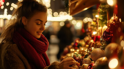 Woman choosing handmade ornaments at a festive christmas market for holiday decor