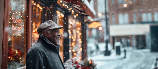 Obraz premium A black senior aged man walks past a small cafe on a winter city street with a festive entrance, exterior with Christmas and new year decorations. The snowfall, the cozy welcoming atmosphere.