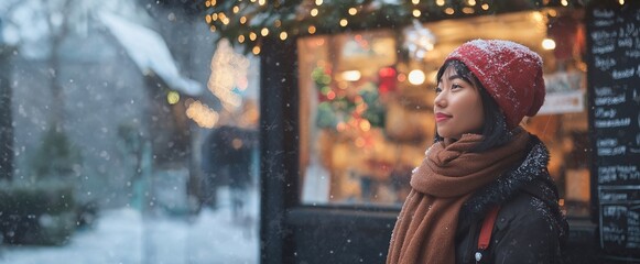 Fototapeta premium A asian woman walks past a small cafe on a winter city street with a festive entrance, exterior with Christmas and new year decorations. The snowfall, the cozy welcoming atmosphere.