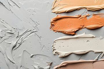 Top view of clay, cosmetic and tone cream brushstrokes on grey background