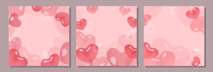 Heart shape bubbles 3d wedding backgrounds designs set. Cute romantic abstract banners with copy space collection. Vector illustration.