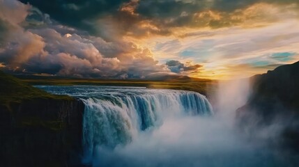 Fototapeta premium Majestic Waterfall Flowing into River with Scenic Mountain Landscape at Sunset. Nature and Adventure Concept