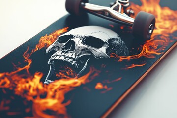 Skateboard with skull and flames design.