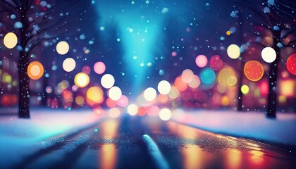 winter abstract blurred background with bokeh blurry night city lights in reflection on a snowy road neon light falling snow snowflakes