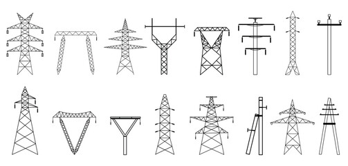 Electric line pylons. Voltage transmission, high power grid piles. Energy network elements, modern urban electricity lines, nowaday vector set