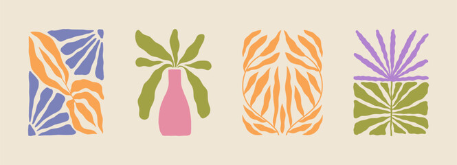 Trendy aesthetic posters with abstract groovy floral shape with flowers and leaves. Simple irregular wild plants. Naive funky prints for wall art, interior decorations. Boho summer illustrations