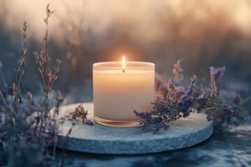 A beautifully lit soy candle jar rests on a smooth stone, surrounded by soft flowers. The warm light creates a serene atmosphere during the tranquil moments of dusk.