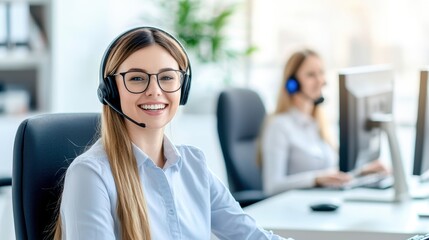 A smiling woman in a headset sits at a desk, engaged in a call, with another person working in the background, conveying a professional customer service environment.