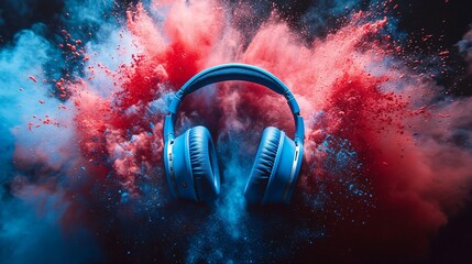 An energetic and vivid image of blue headphones accompanied by a dual explosion of red and blue powder, creating an arresting visual presentation