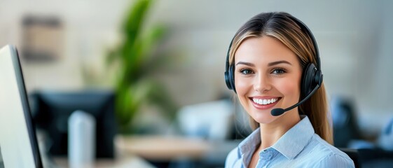 A smiling woman in a headset, working at a desk, exudes friendliness in a call center environment with blurred office settings in the background.