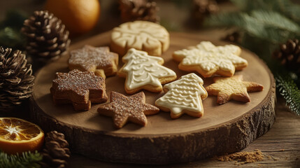 Fototapeta premium Assorted holiday cookies with festive shapes and icing on wooden tray for christmas celebrations