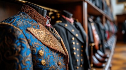 Elegant vintage jackets with intricate embroidery and ornate designs displayed on mannequins, evoking a sense of classic style and historical craftsmanship.
