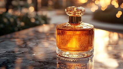 Luxury Perfume Bottle on Marble Surface with Golden Bokeh