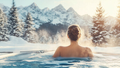 Serene scene with relaxed woman in outdoor hot tub with steam rising. Resort surrounded by snow-covered mountain peaks under clear blue sky. Sunlight adds glow, creating tranquil, luxurious atmosphere
