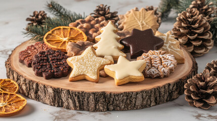 Fototapeta premium Assorted holiday cookies with festive decorations on wooden board