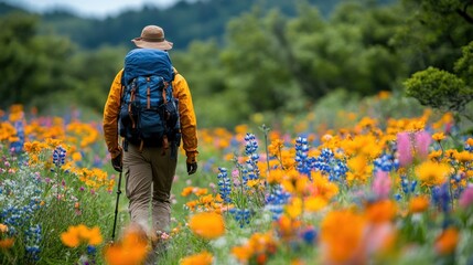 Hiker in a Field of Flowers