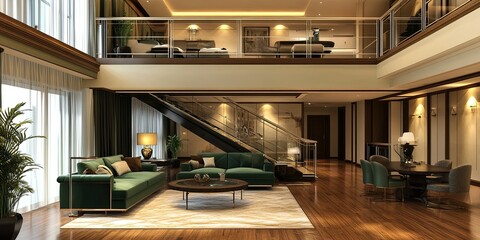 Fototapeta premium luxury green and cream mezzanine room with modern furniture set and elegant wooden floor 