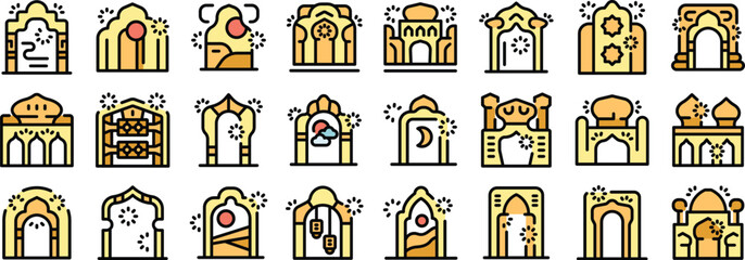 Diverse set of icons representing arabic architecture, featuring mosques, arches, and other traditional buildings, ideal for projects related to islamic culture, travel, or history