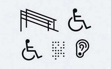 Minimalist icons showcasing accessibility features like ramps and braille