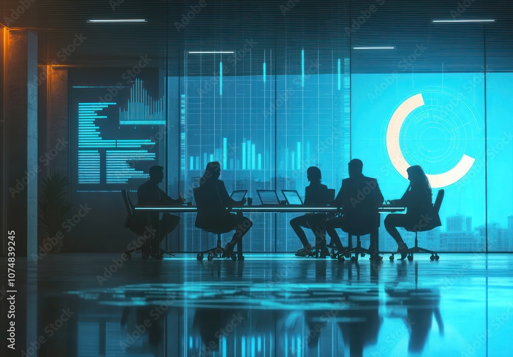 Poster corporate team strategizing in a collaborative meeting with digital technology tools for advanced ma