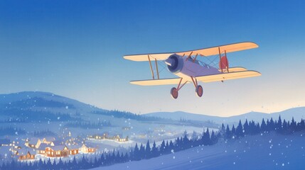 A vintage plane soaring over a lit Christmas village, snowflakes, magical winter night, watercolor