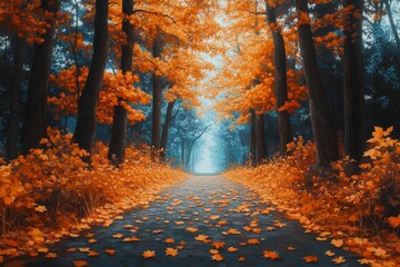 Rustic autumn forest path covered with golden leaves. Generative AI