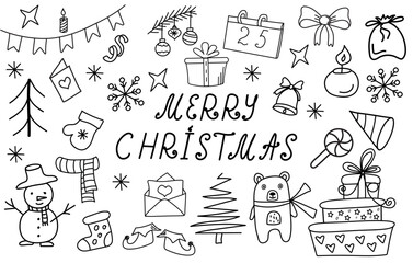 Big set of Christmas doodle elements and handwritten short phrases Merry Christmas. Christmas trees, skates, Christmas boot, sweets, gift boxes, snowflakes. Winter holidays attributes. Line art.