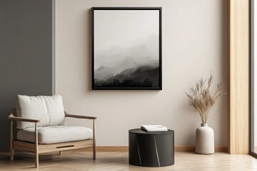 An empty square black frame is mounted on a neutral wall in a stylish living room. The space features a cozy armchair, a round table, and a decorative vase, creating a serene atmosphere.