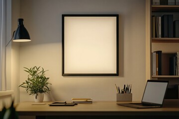 An empty square black frame is positioned prominently on a wall in a serene workspace. The setting includes a desk with a laptop, pens, and a green plant, creating a calm atmosphere.