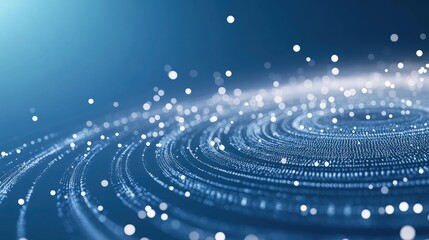 White particles creating a 3D circular grid over a gradient background of midnight blue, representing advanced data systems in a sleek, business-oriented design.