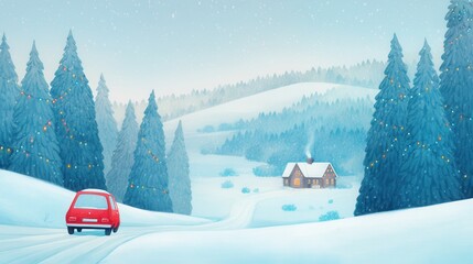 Red car driving through snowy forest, distant cozy cabin, in concept of christmas homecoming