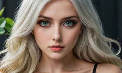 Naklejka premium A young woman with long, blonde hair looks directly at the camera with a neutral expression