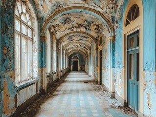 Fototapeta premium Abandoned public buildings with decaying halls and weathered facades, left unused for years