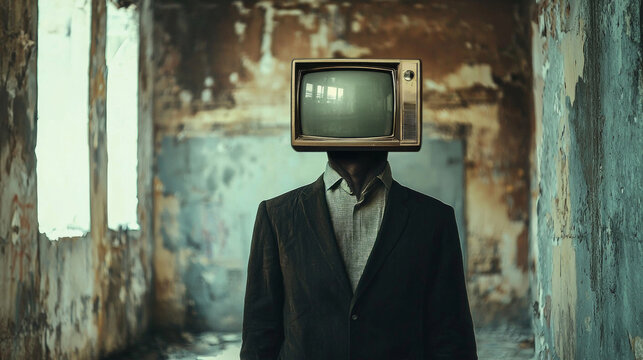 surreal figure occupies crumbling room where vintage television replaces mans head showcasing striking juxtaposition technology and humanity.