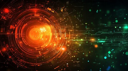 Fototapeta premium Abstract digital technology background with glowing circles, lines, and particles.