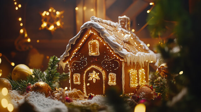 Festive gingerbread house with intricate icing and holiday decor for christmas celebration