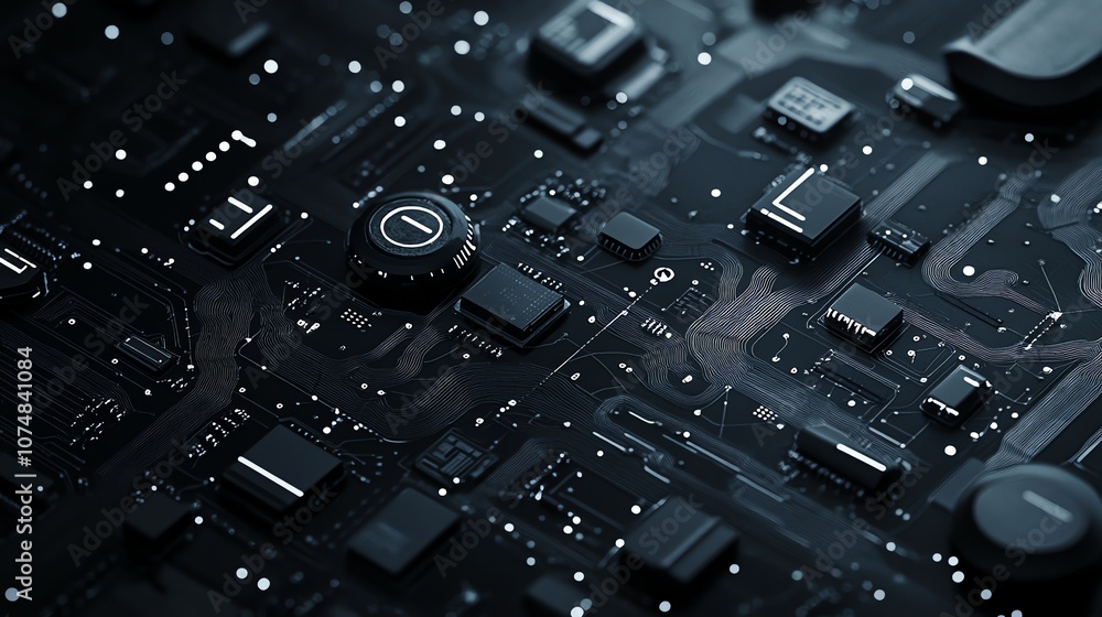 Poster close-up of a black circuit board with electronic components and intricate patterns.