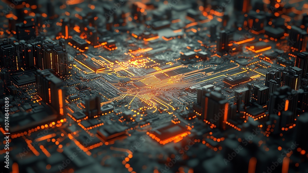 Poster Abstract 3D rendering of a futuristic city with glowing circuits and buildings.