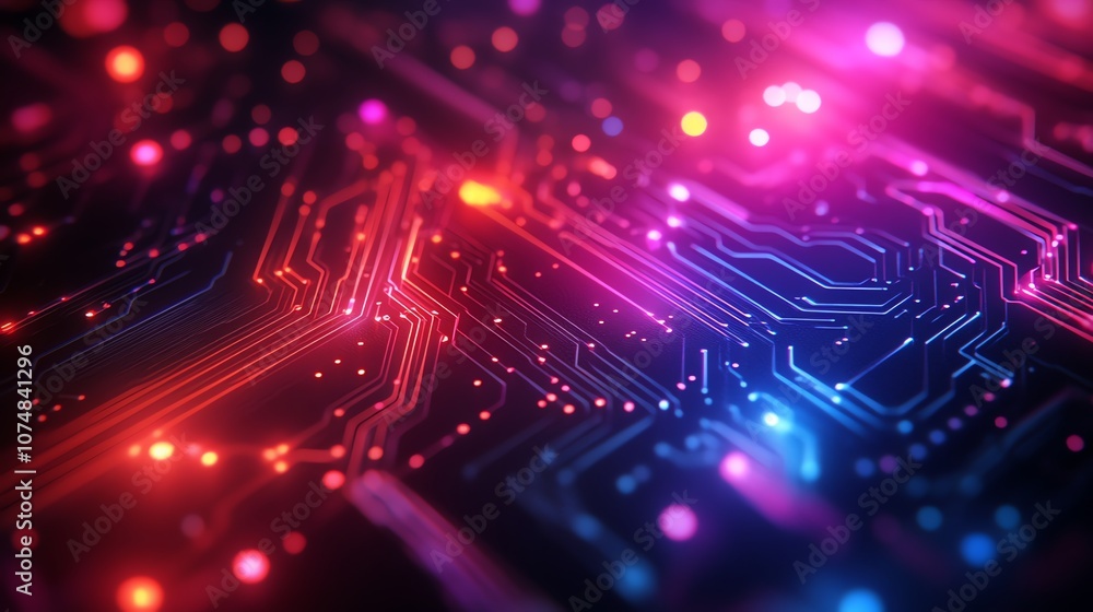 Poster abstract glowing circuit board with red and blue lights.