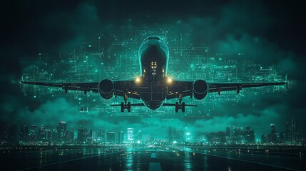 Airplane landing at night with digital lines in the background.