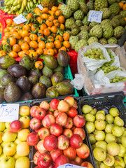 Fruit stall in the market hall Mercado dos Lavradores in Funchal, Madeira, Portugal.